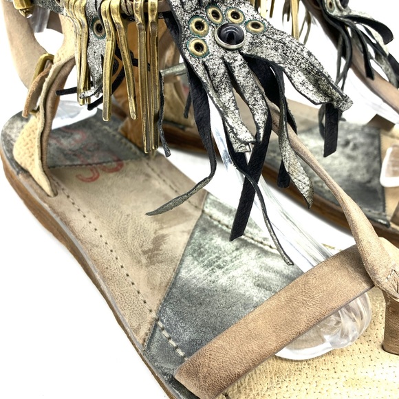 A.S.98 Ramos Brown Silver Leather Fringe Buckle Snap Gladiator Sandals - Picture 7 of 8